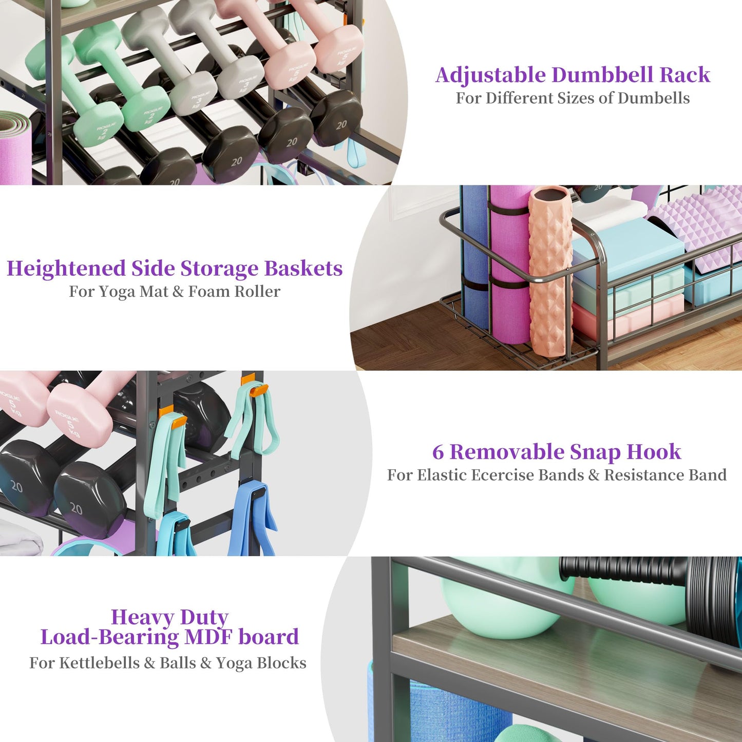 Homeiju Dumbbell Rack,Weight Rack for Home Gym, Home Gym Storage for Dumbbells Kettlebells Yoga Mat and Strength Training Equipment,Weight Storage Rack for Dumbbells with Wheels&Hooks(Grey)