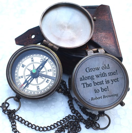 Engraved Brass Compass – Grow Old Along with Me Romantic Gift for Him or Her for Husband, Wife, Couples | Wedding Keepsake