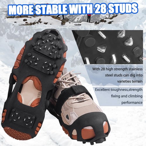 Ice Cleats Snow Traction Cleat for Boots and Shoes 28 Studs Ice Crampons for Walking on Snow and Ice Anti Slip Overshoe Rubber Ice Grippers Slip-on Stretch Footwear Medium