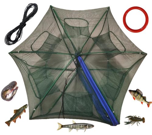Grinmood Minnow Trap 6 Hole Portable Folding Umbrella Fishing Net Trap PE mesh Iron Frame Crab Pots with Floating Ring and Rope for Catching Live Bait Fish Crawfish Shrimp Trout Crab