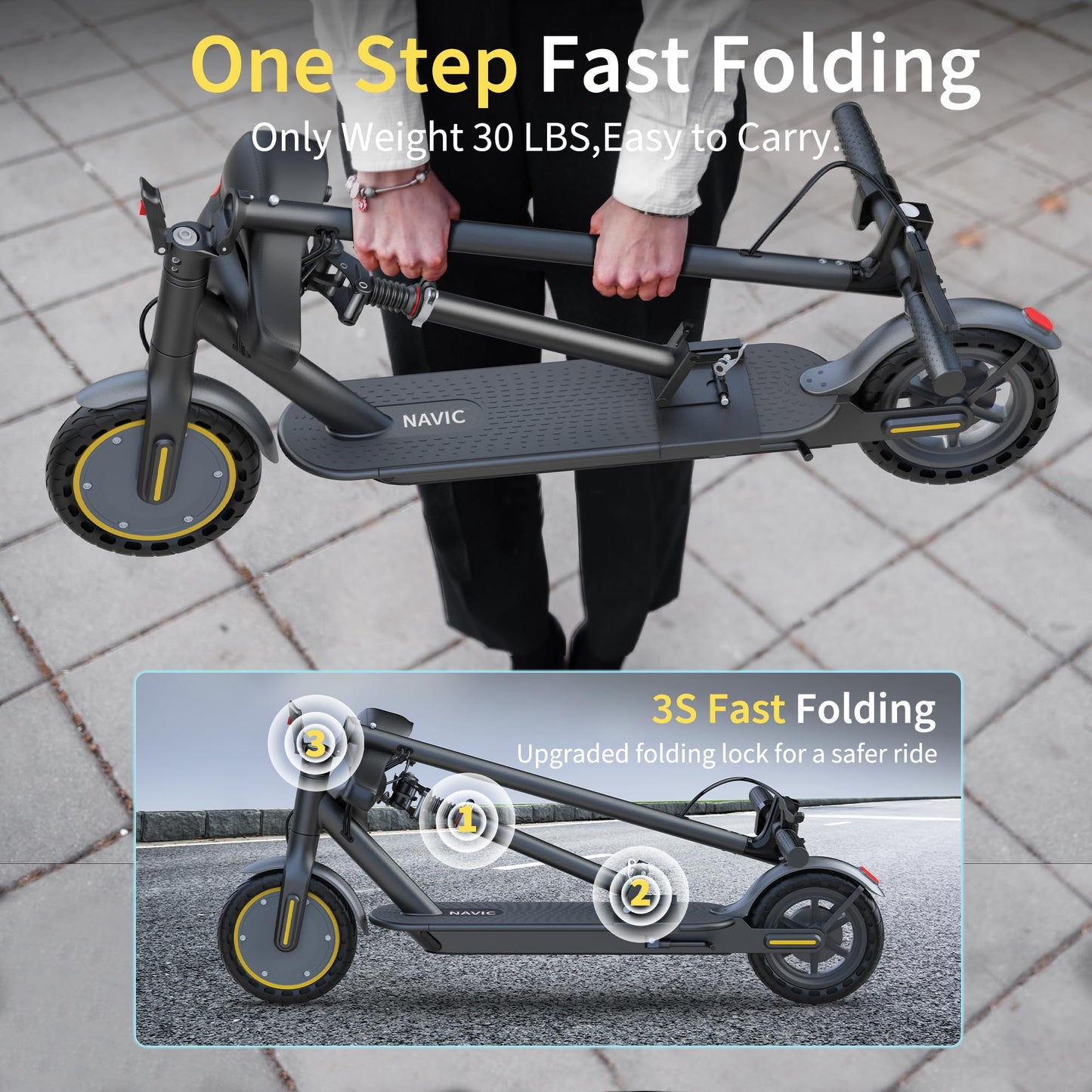 NAVIC Electric Scooter, Folding E Scooter for Adults with Seat, 8.5" Solid Tires, 350W Motor, Max Speed Up to 16MPH, 21 Miles Long-Range, Portable Commuting Scooter with Double Braking, APP