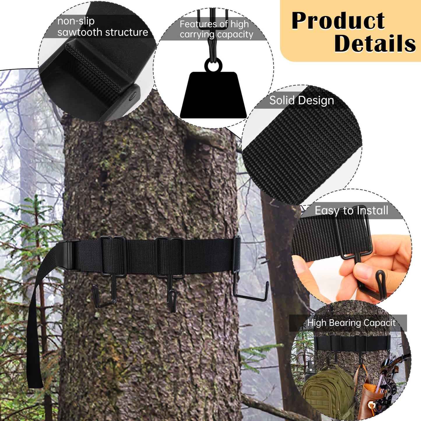 2 Pack Treestands Strap Gear Hangers with 12 Metal Hooks,Hunting Tree Stand Bow & Gear Hanger,Saddle Hunting and Gear Equipment Hanger,Tree Stand Accessories Strap for Bow Arrows Bag