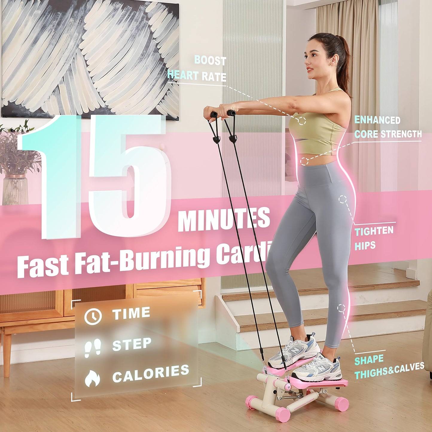 FLYBIRD Stepper for Exercise, Stair Stepper with Resistance Bands, Portable Mini Stepper with 330LB Loading Capacity, Adjustable Stride Height for Low-Impact Cardio Suitable for Full Body Workout