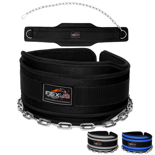 Fexus Dip Belt forWeightlifting, Gym Weight Belt for Men Women- Professional Dip Squat Bodybuilding Heavy Duty Steel Chain Workout Belt with Convenient Neoprene Support (Black)