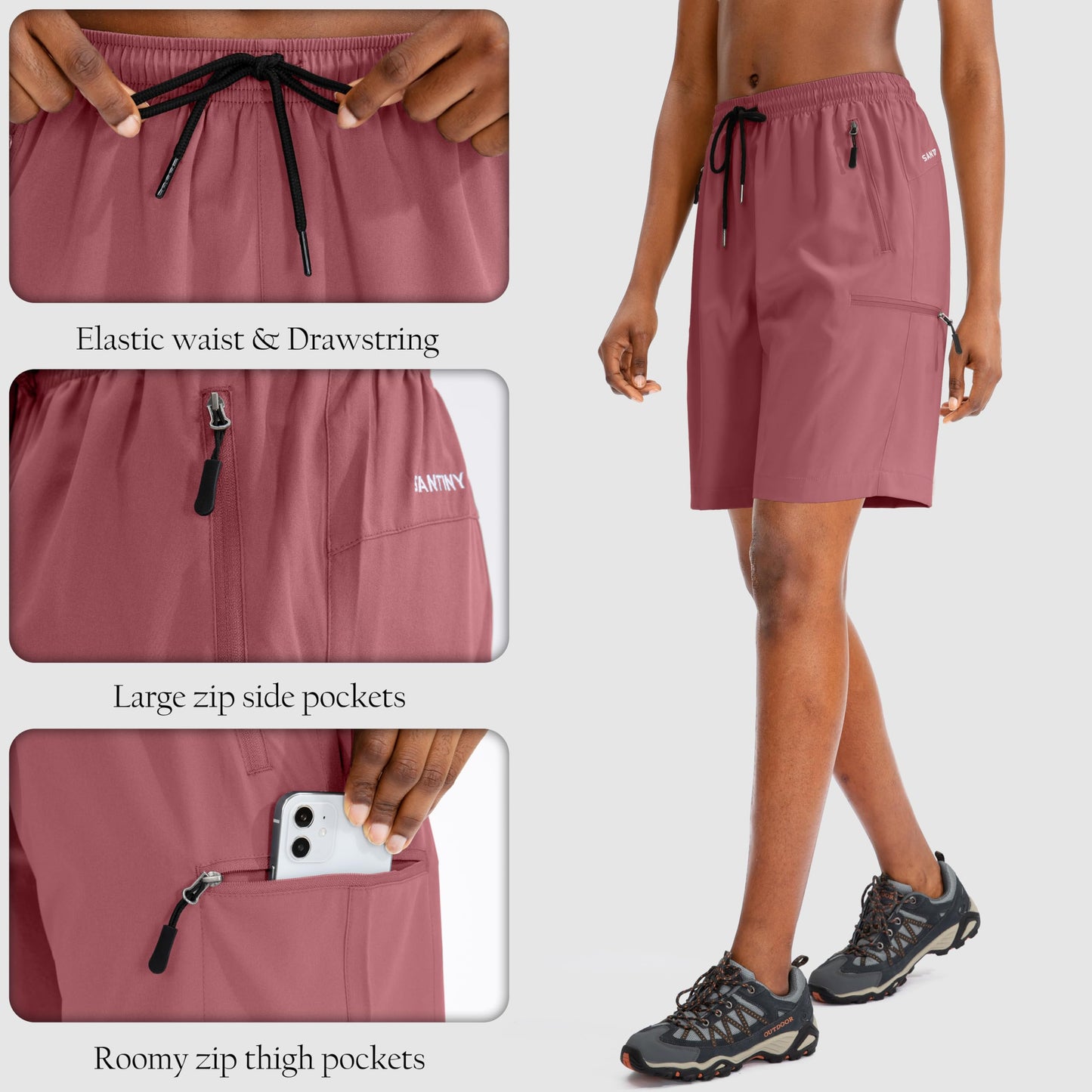 SANTINY Women's 5''/ 7''/9'' Hiking Cargo Shorts Quick Dry Lightweight Summer Shorts for Women Athletic Zipper Pockets(Dusty Pink_3XL)