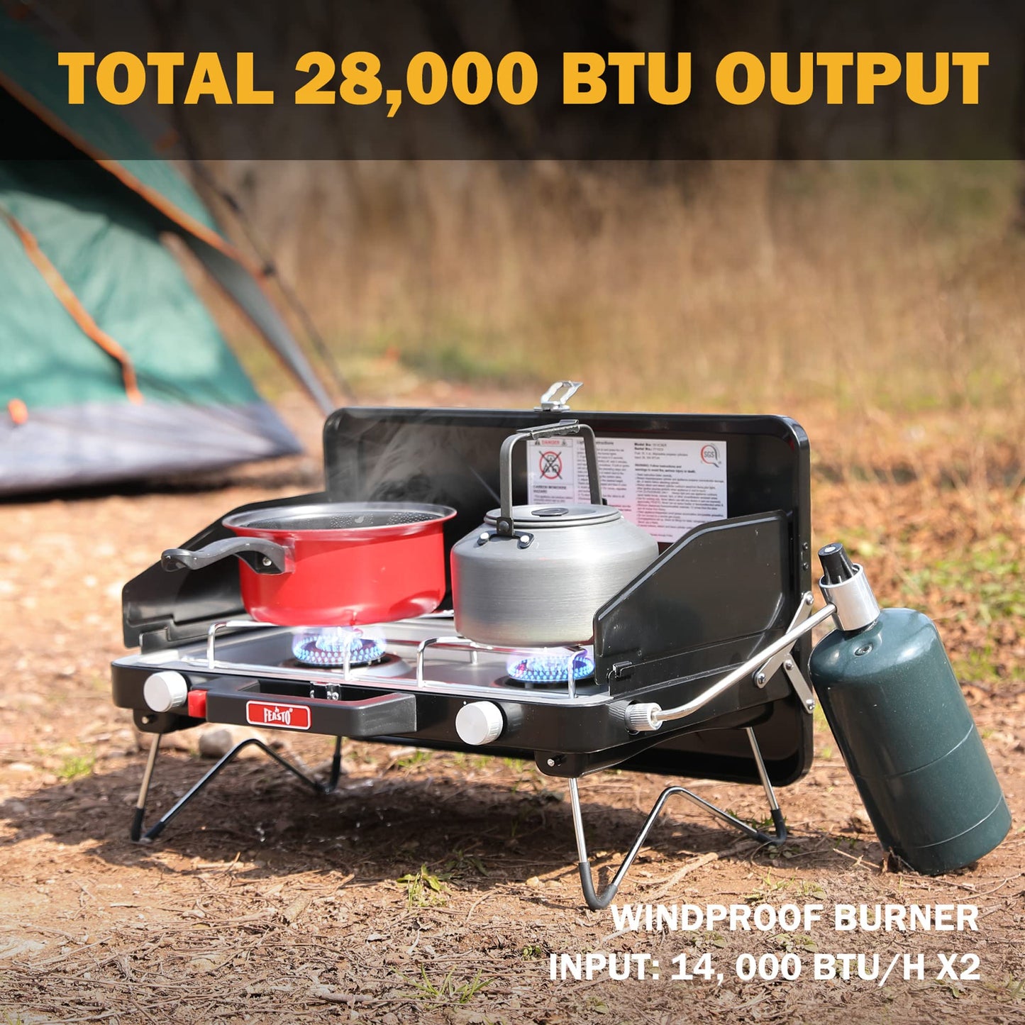 FEASTO Camping Propane Stove, Portable Camping Grill Stove, Push-Button Ignition, Adjustable Windproof Burners, Wind Guards, Folding Legs, 28,000 BTU Camping Stove, Outdoor Camping Cooking, Picnic
