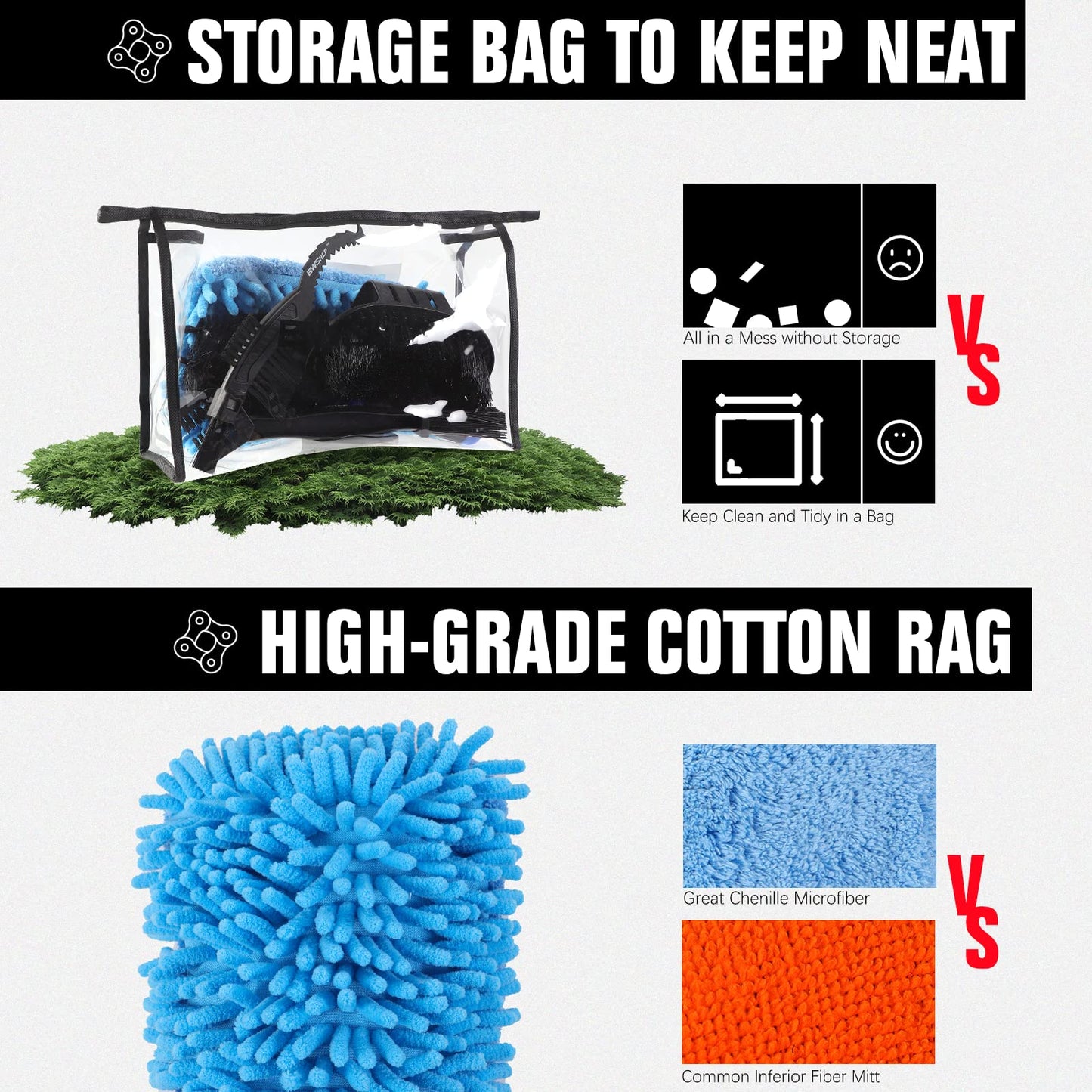 BWSHLF Bike Cleaning Kit (6 Pcs) with 1 Storage Bag, 5 Brushes for Tires, Chain, Sprockets, Cranks, Hubs, and Spokes, 1 Cleaning Mitt for Frame, Saddle, Clean Tools for MTB/Road/BMX/E-Bike/Gravel Bike