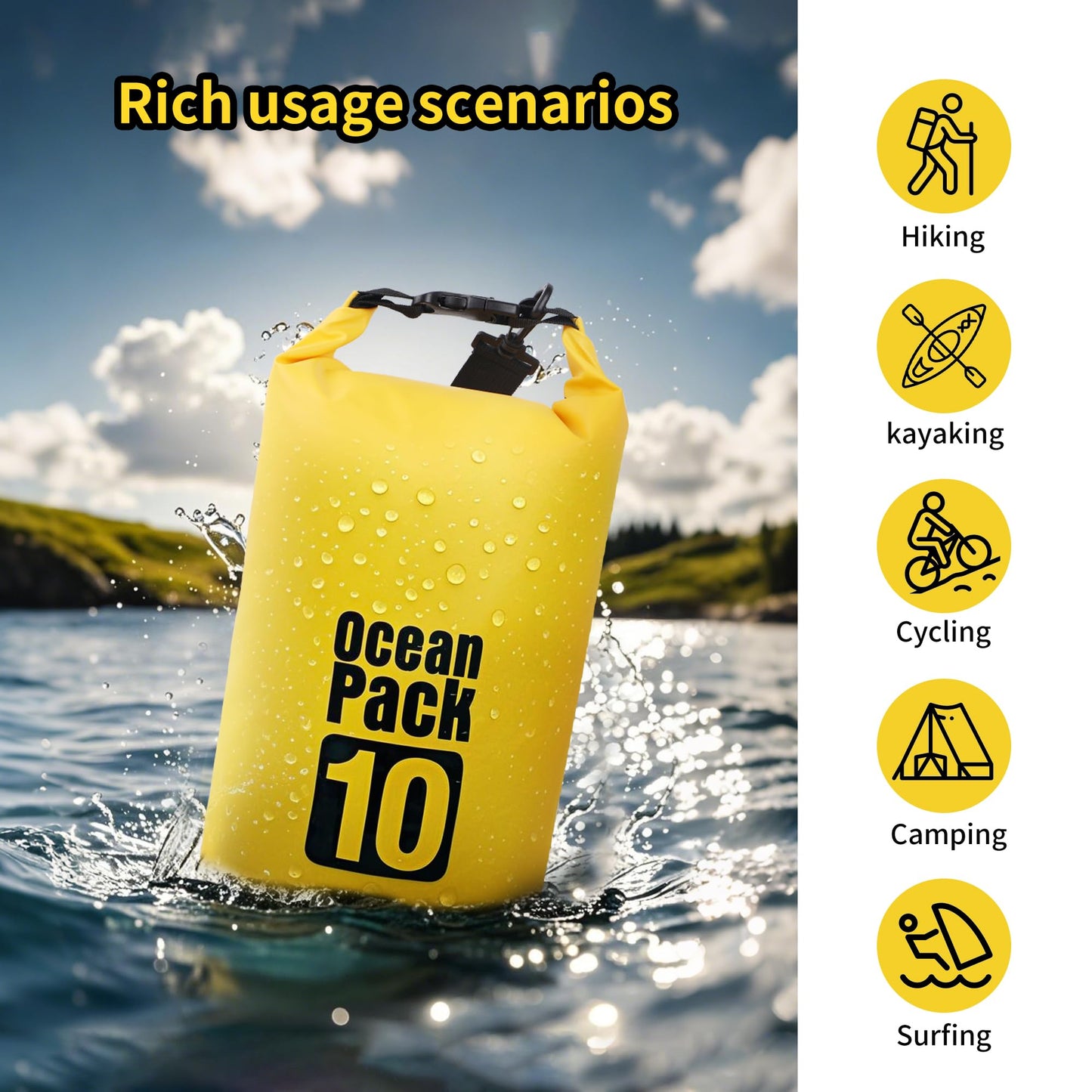 KINGS KRAFT Dry Bag Waterproof for Women Men,20L Rolled Lightweight Dry Storage Bag Backpack with Phone Case for Travel,Swimming,Boating, Kayaking,Camping & Beach,Yellow