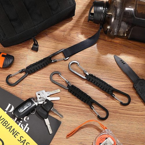 Paracord Keychain Carabiner with Double Hooks Hanger Stroller Hook for Camping, Water Bottle, Key, Backpacks, Outdoor Sport(Black)