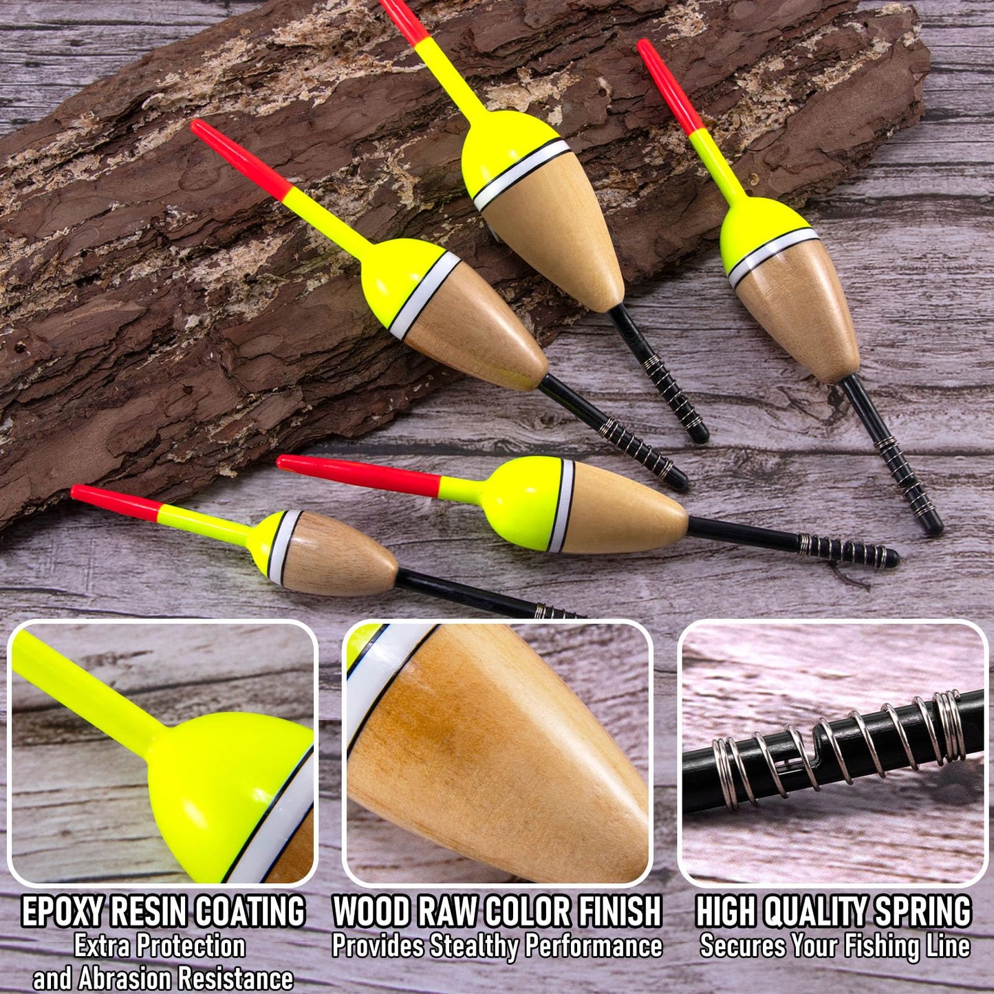 Alwonder 4-Pack Fishing Bobbers Floats, Buoyant Balsa Wood Body Spring Fishing Floats and Bobbers, Oval Bobber for Crappie Bluegills Trout Bass Panfish Catfish Walleyes 2.2“