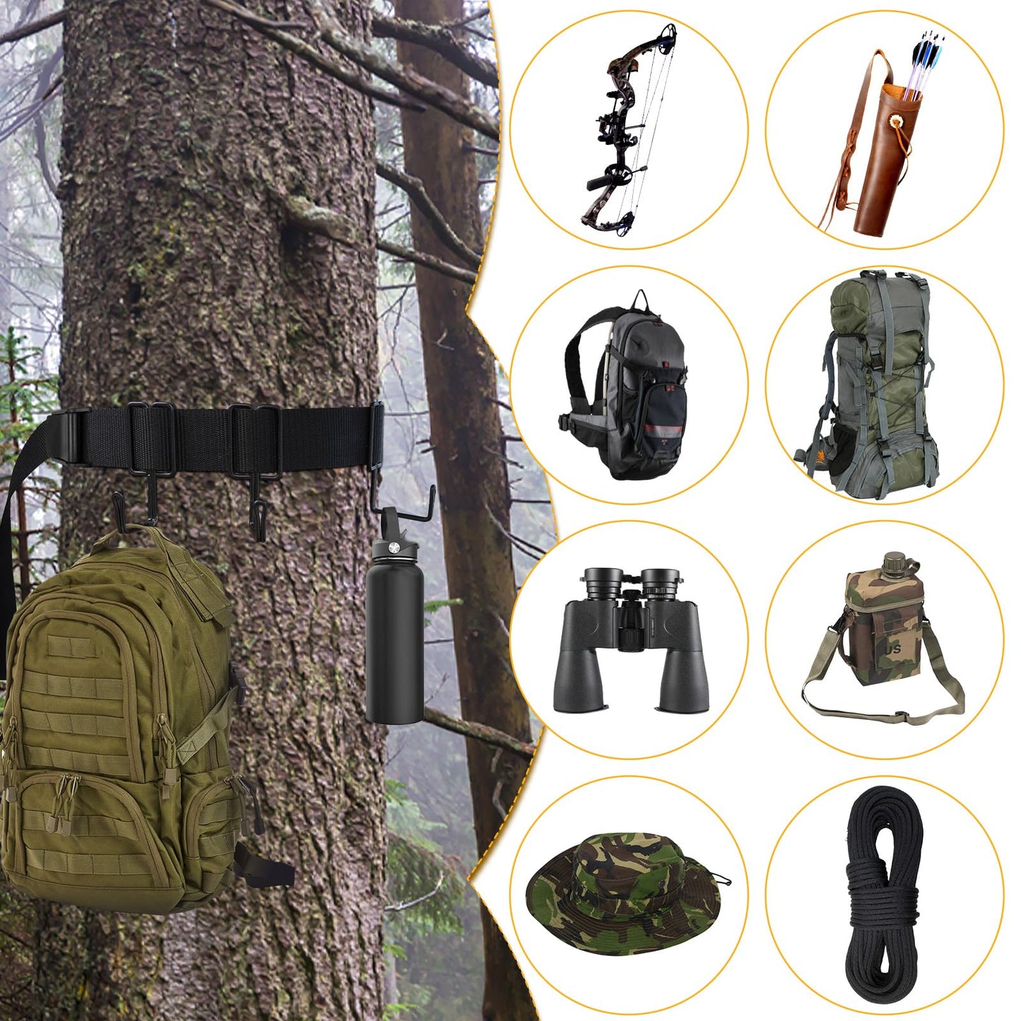 2 Pack Treestands Strap Gear Hangers with 12 Metal Hooks,Hunting Tree Stand Bow & Gear Hanger,Saddle Hunting and Gear Equipment Hanger,Tree Stand Accessories Strap for Bow Arrows Bag