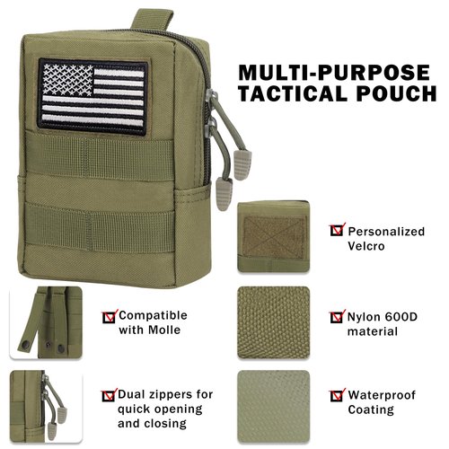 Phoking 2 Pack Tactical Molle Pouch Compact Water-Resistant EDC Organizer Pouch Bag Mini Military Utility Pouch Belt Waist Pouches with Flag Patch for Outdoor
