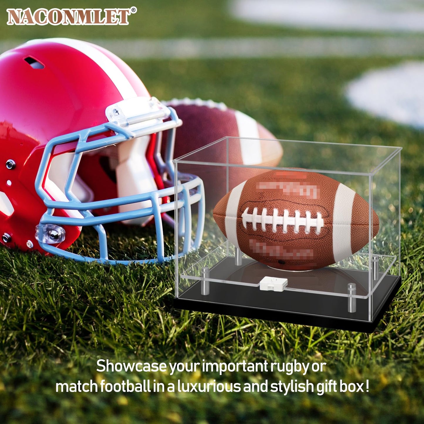 Football Display Case with LED Light-Clear Full Size Football Case Display,UV Protected Memorabilia Holder, for Football Fans & Collectors, Sports Collectibles