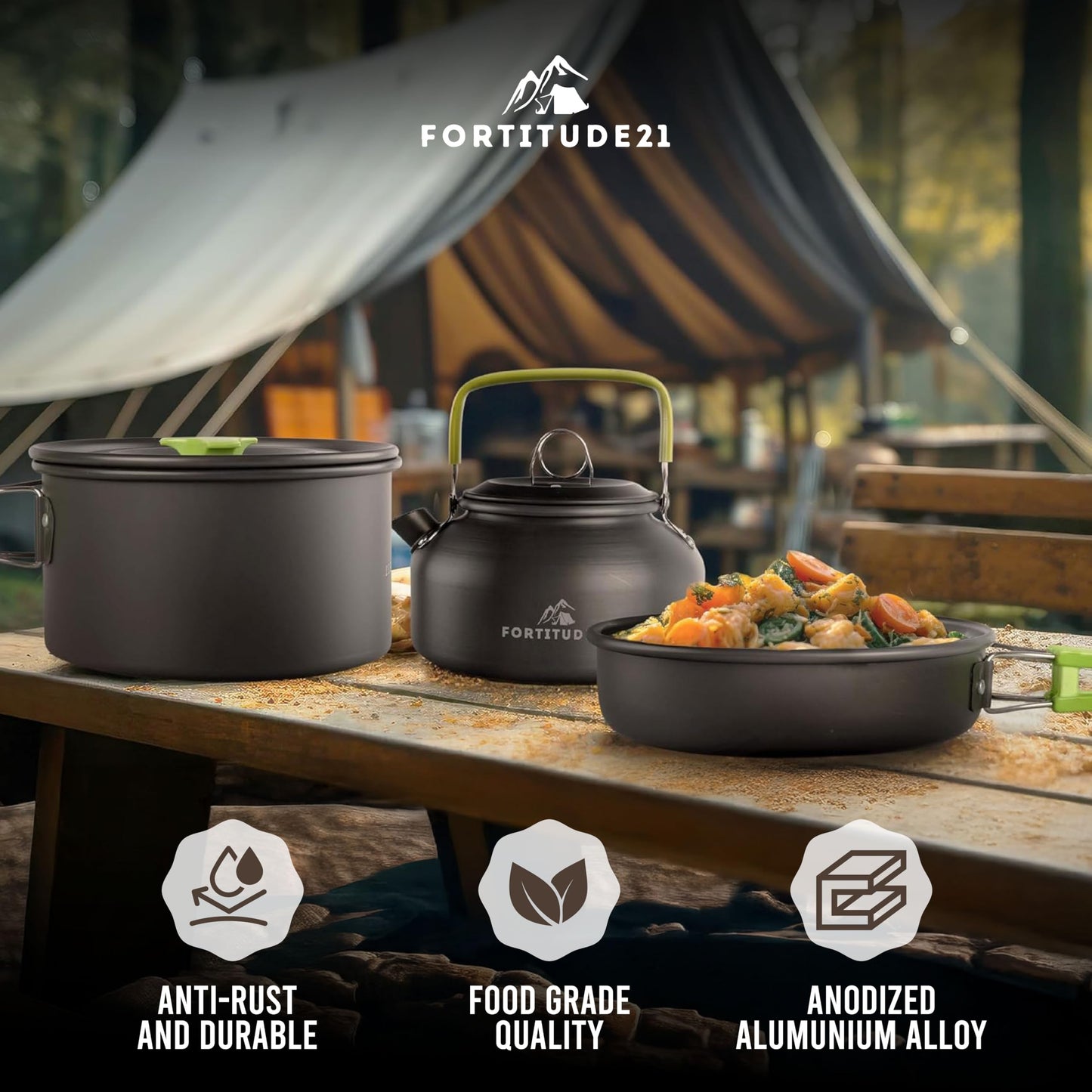 Fortitude21 Camping Cookware Set - 19-Piece Lightweight Backpacking Cookware with Pots, Pans, Utensils - Compact Outdoor Cooking Kit for Camping, Hiking, Backpacking & Survival