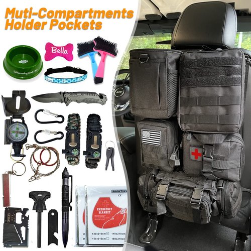 Car Seat Back Organizer Tactical Seat Back Organizer with 5 Molle Pouch, Medical Pouch Admin Pack Drawstring Dump Bag EDC Pack Tactical Fanny Pack Molle Panel Accessories