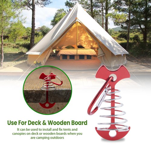 CHANGE MOORE Aluminum Deck Tie Down Spring Windproof Tent Stakes, Camping Outdoor Fishbone Tent Anchors Tent Rope Red Deck Anchor Pegs with Red Carabiners (7Pcs)