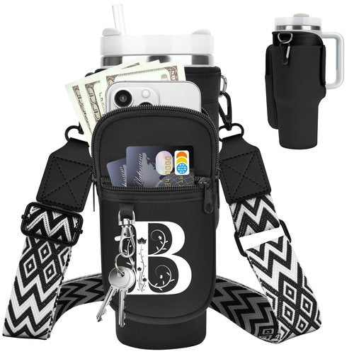 LOKASS for Stanley Cup Accessories 40 oz Water Bottle Carrier Bag with Phone Pocket for Stanley Tumbler Holder with Strap, Personalized Gifts with Floral Initial A-Z for Women/Girls/Stanley Cup Fans