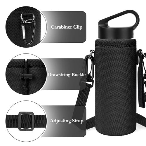 Linkidea Water Bottle Carrier with Shoulder Strap Compatible with Hydroflask Standard Mouth 18oz, CamelBak Carry Cap 20oz,Waterbottle Sling Bag Holder (Black)