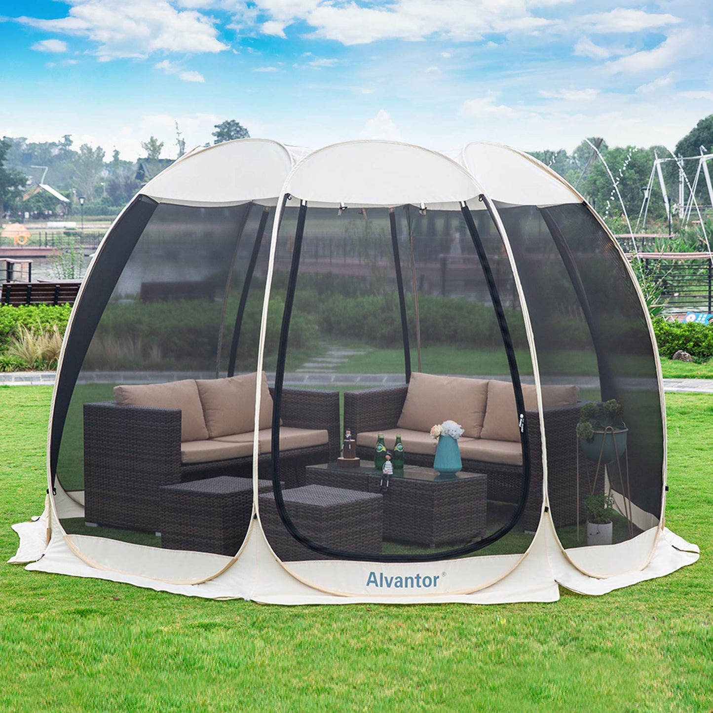 Alvantor Screen House Room Camping Tent Outdoor Canopy Pop Up Sun Shade Shelter 10 Mesh Walls Not Waterproof Beige 15'x15' Patent Pending