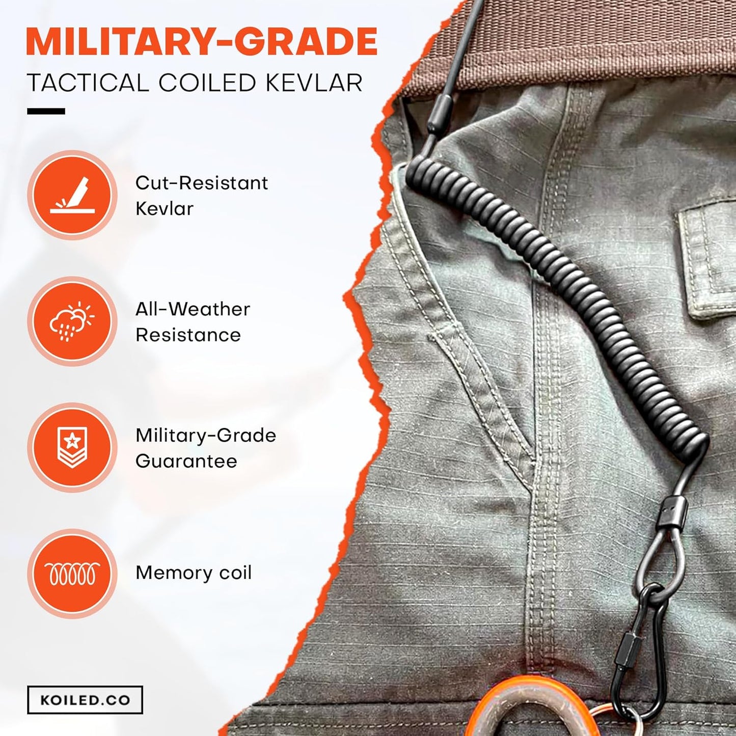 Military-Grade Braided Kevlar Cord Heavy Duty Retractable Lanyard - Carabiner Clip, 265lb/120kg Breaking Strength - Security Belt, Key Chain, Tether Strap for Weapons, Guns, Keys, Tactical Gear