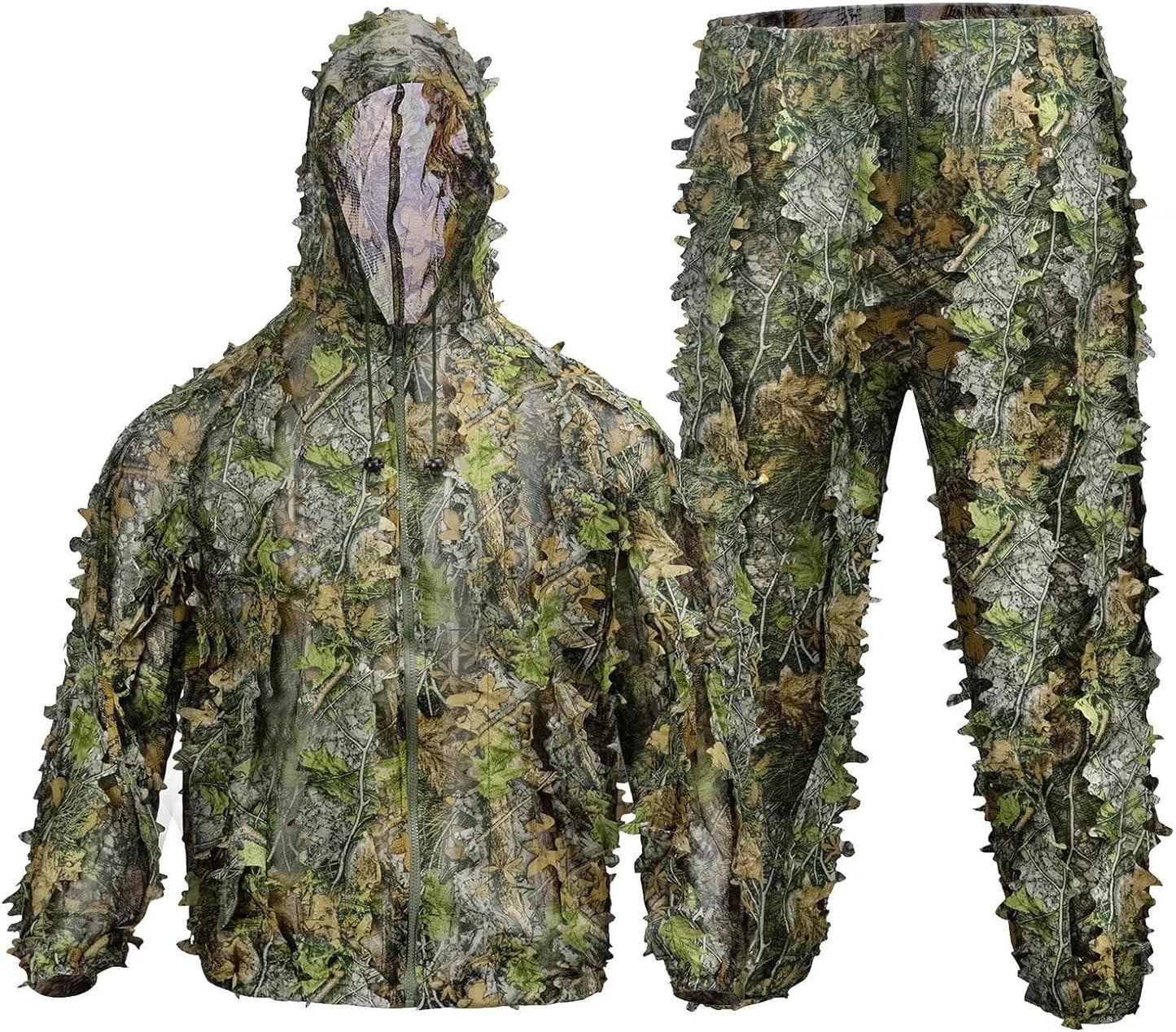 HYOUT Hooded Ghillie Suit Camo Suit Woodland Forest Military 3D Green Leafy Clothing Costume for Jungle Halloween Party