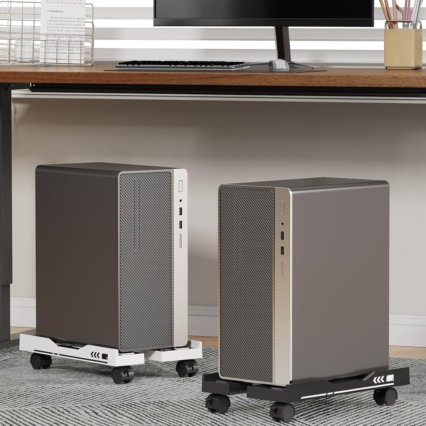 Adjustable Computer Tower Stand, Mobile PC Stand for Floor with 4 Locking Caster Wheels Fits Most PC, Under Desk CPU Holder for Office, Gamers and Students (Black)