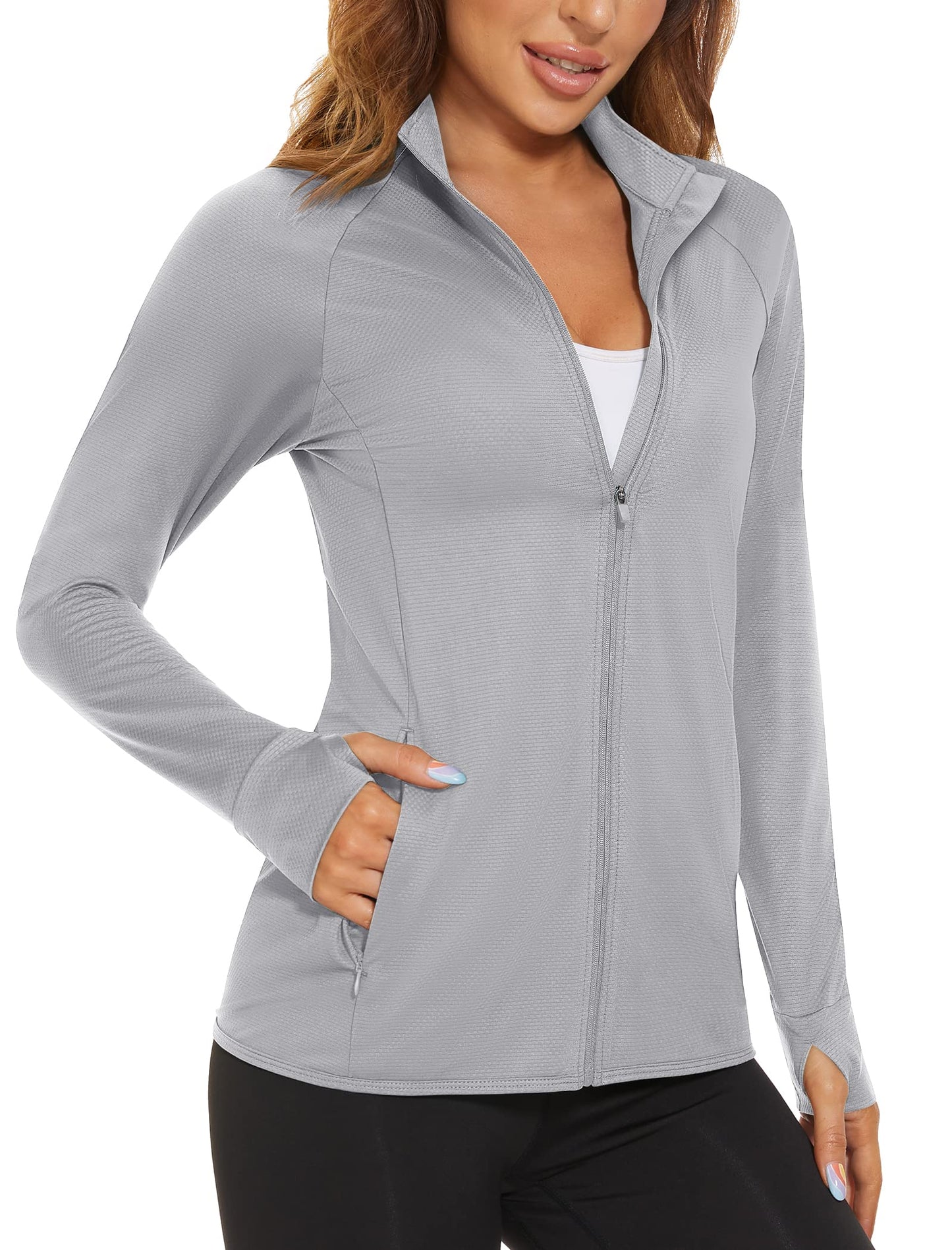 MAGCOMSEN Lightweight Jacket for Women UV Protection Long Sleeve Shirts Quick Dry Running Hiking Shirts Light Grey XL