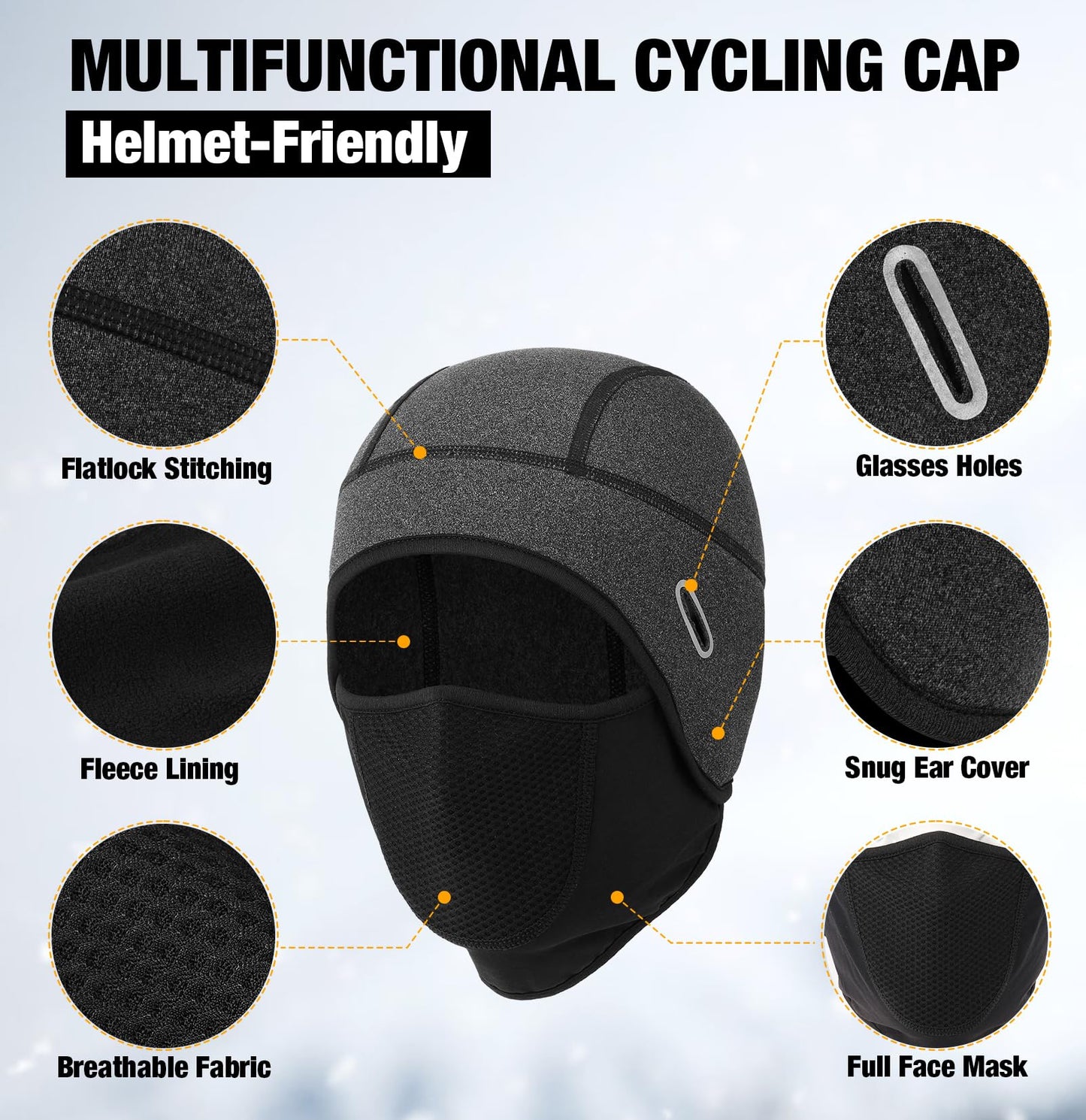 MELASA Thermal Skull Cap Helmet Liner Hat with Face Cover, Balaclava Face Mask with Glasses Holes for Cycling Motorcycle Ski Construction Worker(Black)