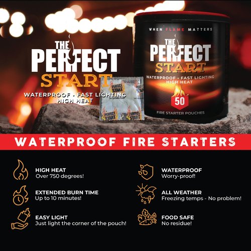 The Perfect Start Fire Starters - Waterproof - All-Purpose for Campfires, Fire Pits, Fireplaces, Charcoal & More - All Weather, Safe, Non-Combustible & Easy to Use for Camping, Hiking, Outdoor Cooking