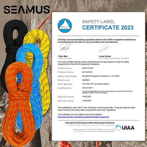 SEAMUS Static Rope 10.5mm UIAA Rappelling Rope 30M (100ft) Static Line Nylon Kern Mantle Rope for Rock Climbing, Mountain Tree Climbing, Hauling, Rescue