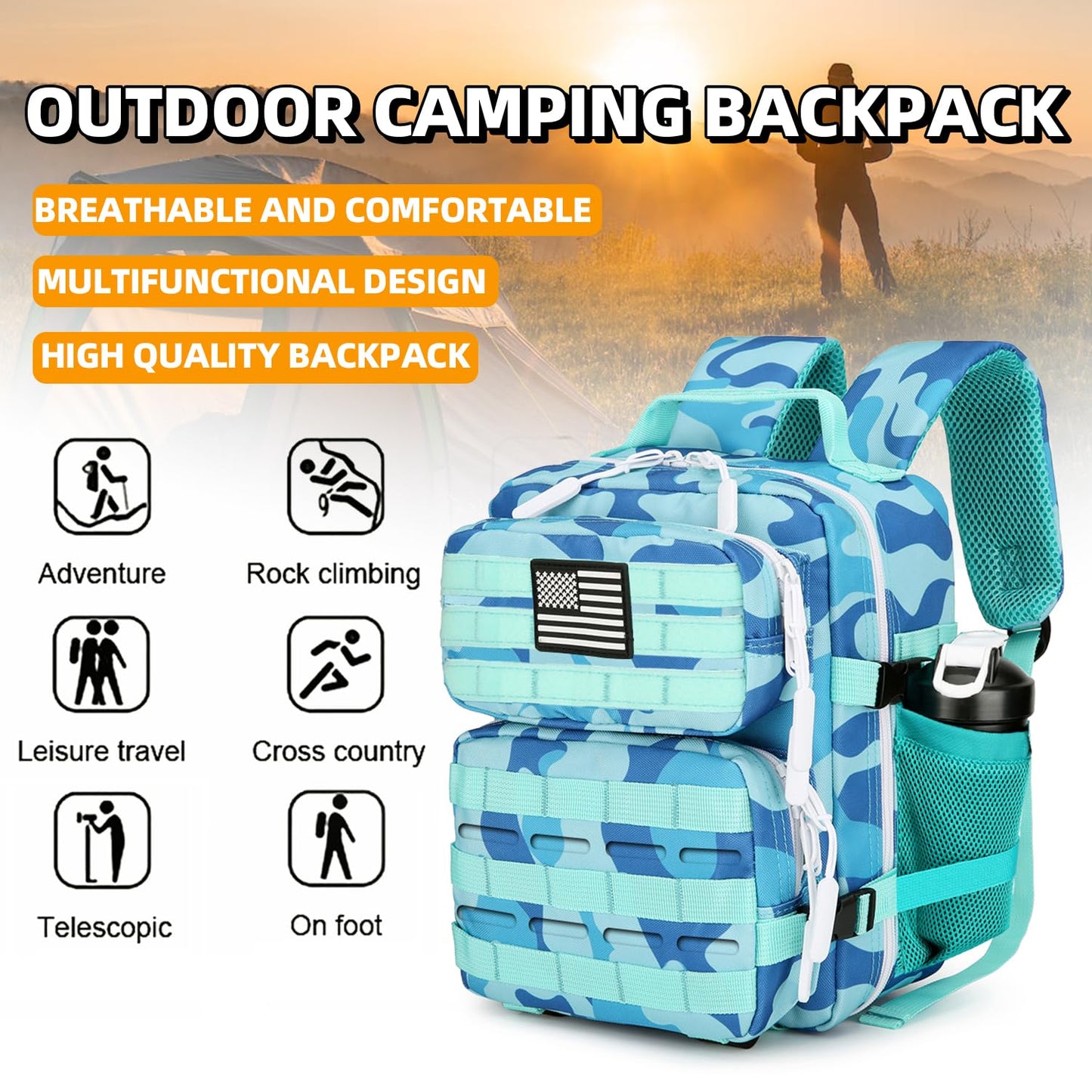 HongXingHai 9L Mini Tactical Backpack 9L Assault Pack 9L Tactical Backpack Hiking Fitness Backpack (Blue cp)