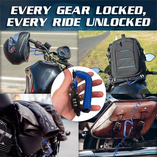BigPantha Motorcycle Helmet Lock & Security Cable - Blue Carabiner Combination Lock Secures Your Helmet, Jacket, Gloves, or Bag - Helmet Lock with Free Carry Pouch & a Small Flashlight
