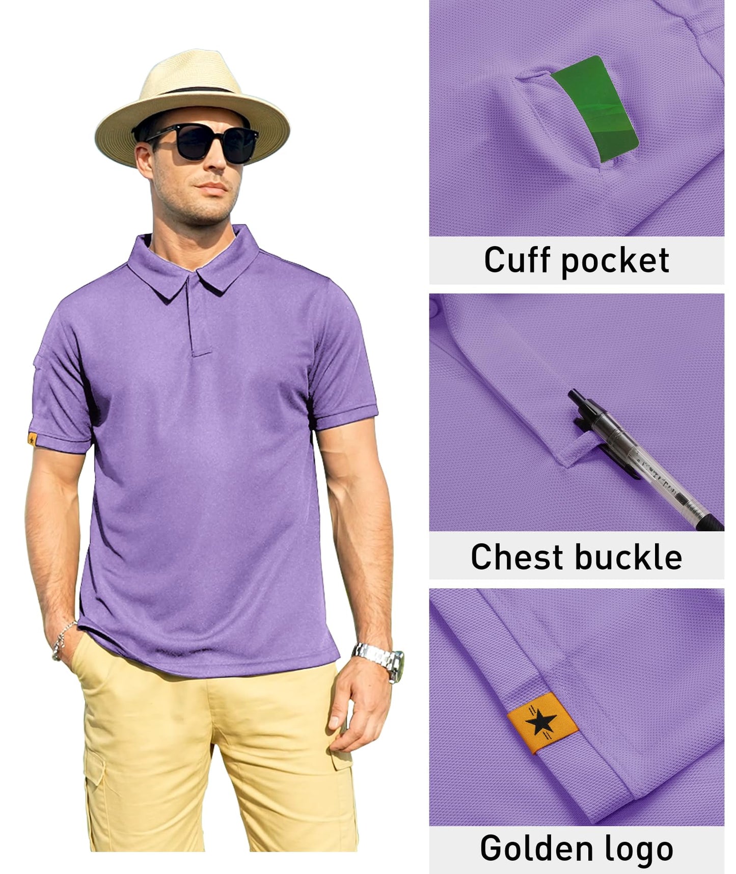 ZITY Mens Polo Shirt Short Sleeve Sports Tactical T-Shirt Athletic Golf Polos Daily Casual Stylish Collared Shirts for Men Lilac Large