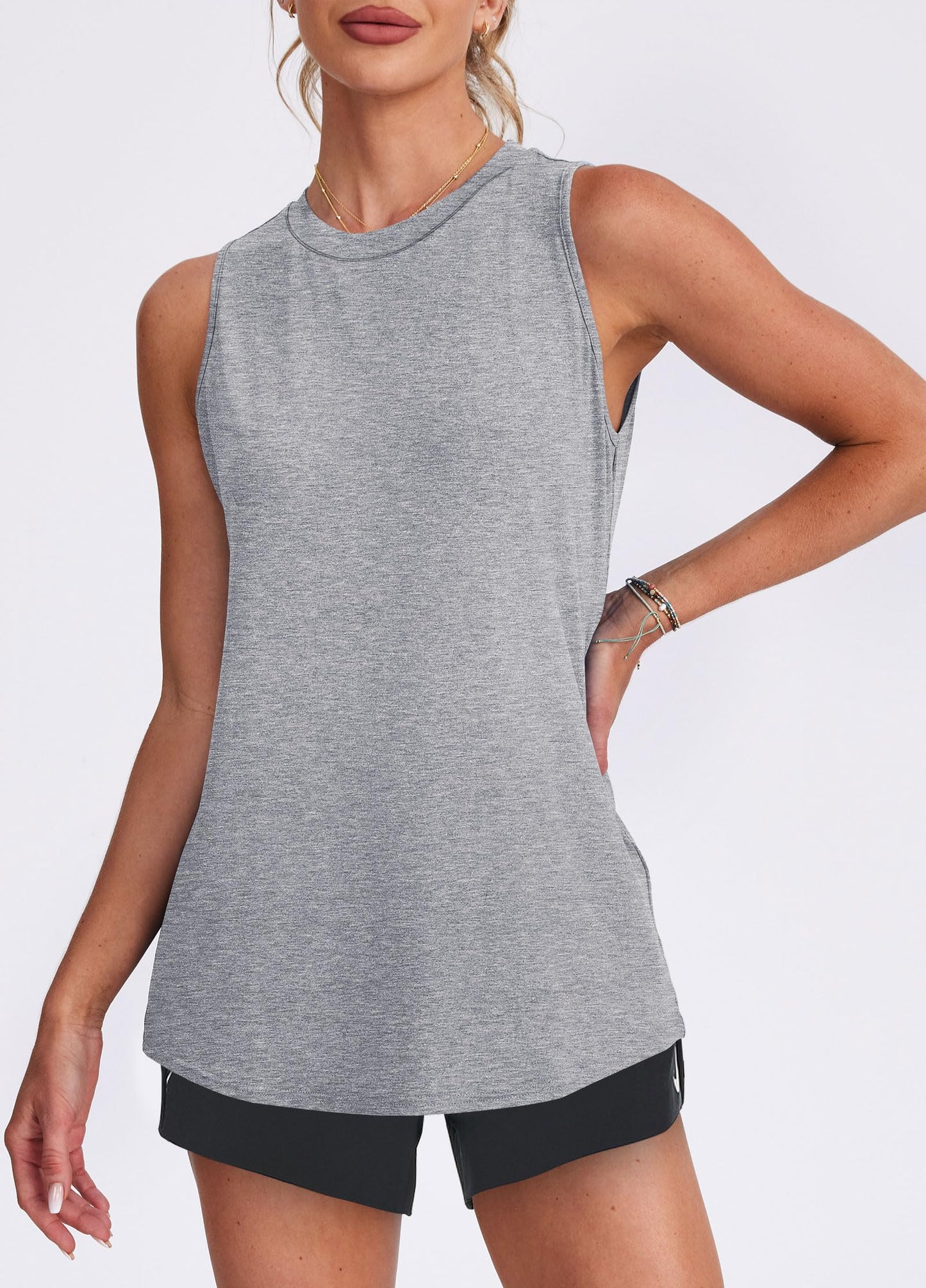 Workout Tops for Women Round Neck Tank Tops Yoga Shirts Athletic Running Tank Tops Sleeveless Gym Clothes Light Gray L