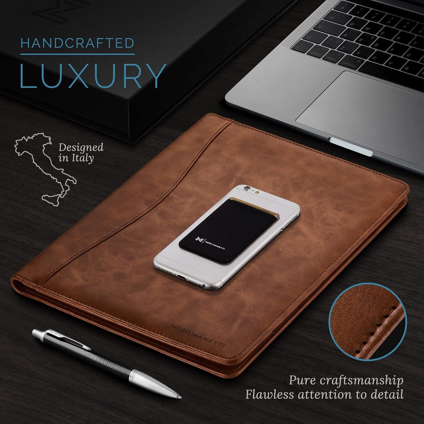 NERO MANETTI- Leather Portfolio Folder - Business PU Leather Portfolio Notepad Holder for Resumes, Legal Pad Portfolio Executive Binder, Professional Padfolio Notebook for Women/Men