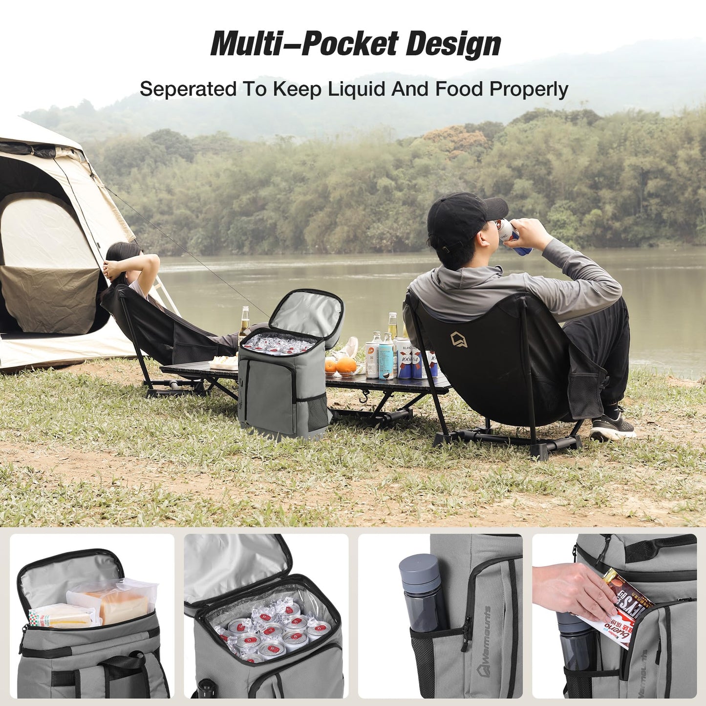 WARMOUNTS Insulated Waterproof Cooler Backpack 36 Cans, Soft Sided Ice Chest Cooler w/Leak Proof Liner, 5-Layer Insulation Portable Lunch Backpack for Camping, Beach, Fishing, Picnic, Travel (Gray)