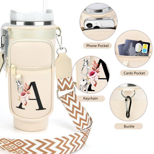 LOKASS Water Bottle Holder with Strap for Stanley Cup 30 oz Tumbler with Handle, Personalized Initial Gift, Water Bottle Carrier Bag with Phone Pocket & Carabiner for Stanley Cup Accessories