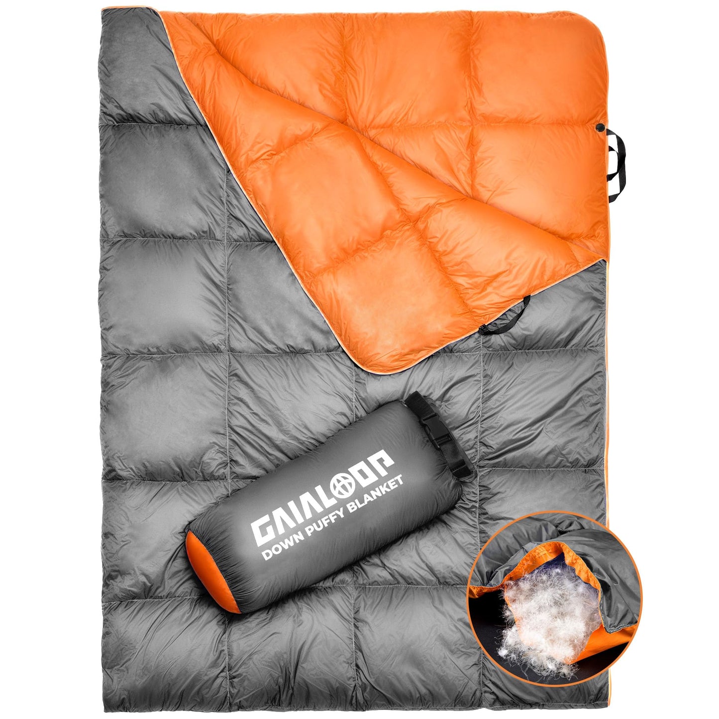 Gaialoop Down Puffy Blanket for Car Camping Outdoor Travel Backpacking, Duck Down Lightweight Portable Soft Warm Cozy Camping Blanket Quilt, 53"x78", Light Gray