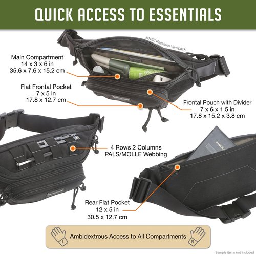 Maxpedition Keystone Versipack (14” x 6” x 6”) Tactical Crossbody Fanny Pack for Everyday Carry (Black) 0456B