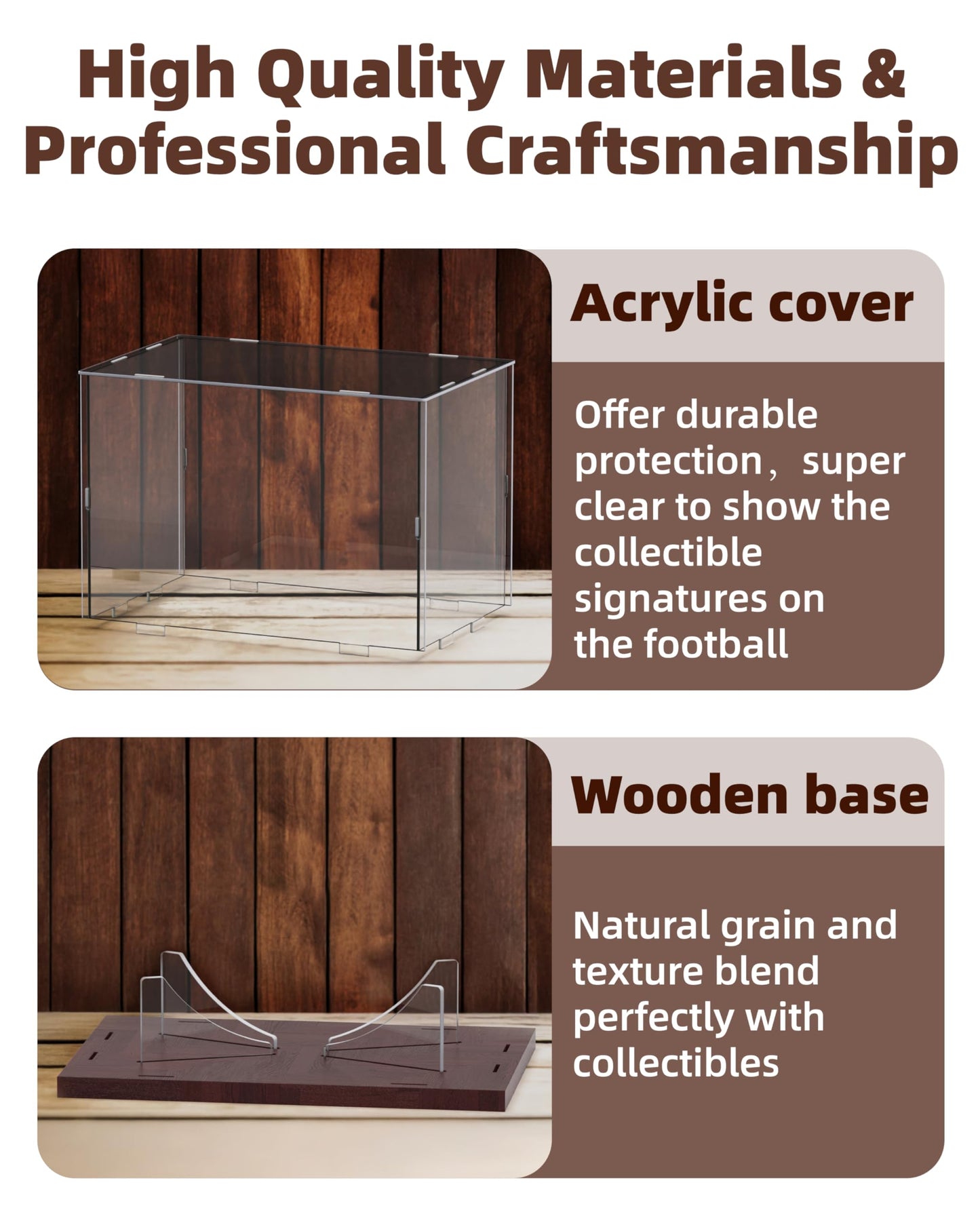 Fitense Football Display Case Acrylic Clear, Football Stand Holder Full Size with Solid Wood Base, UV Protected Football Display Box with Removable for Football Fans & Collectors, Memorabilia & Gift
