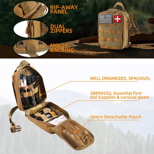 Survival First Aid Kit, Molle Medical Pouch 288PCS Outdoor Emergency Survival Gear and Equipment for Hiking Camping Hunting Car Boat Home Travel and Adventures, Gift for Him Men(Khaki)