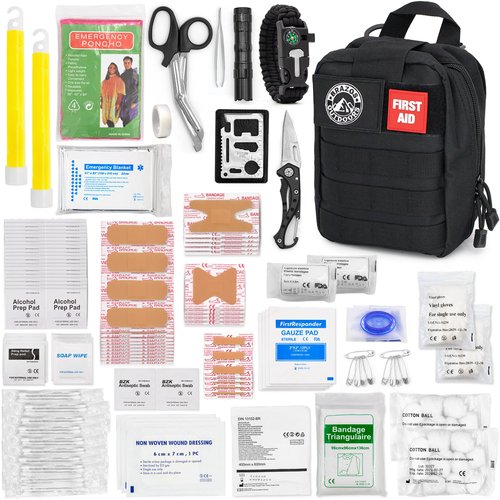 The Brazos First Aid Survival Kit, 250 Pieces, Hiking & Camping Essentials, Survival Gear and First Aid Combo for Emergency Preparedness, Lightweight, Portable, Tactical Clips & Closures, Black