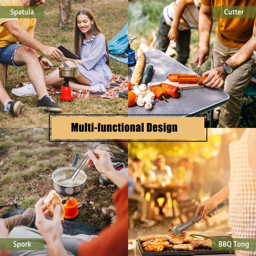 HUIOP Titanium Tongs, Titanium Serving Tongs Multi-Purpose BBQ Tongs with Spork and Serrated Spatula for Camping Hiking Picnic Cooking