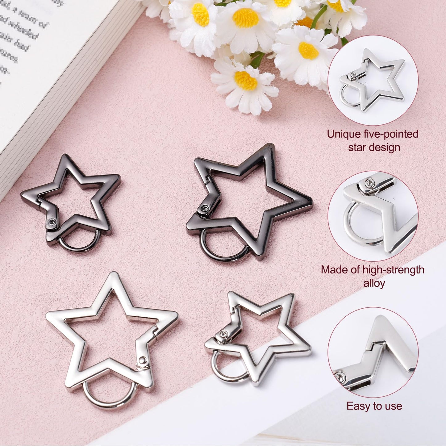 4pcs Star Carabiner, 1.61in & 1.26in Zinc Alloy Cool Cute Star Shaped Carabiner Clip Fashionable Pentagram Carabiner Keychain for Keys Ring Camping Outdoor Travel(Black, Silver)