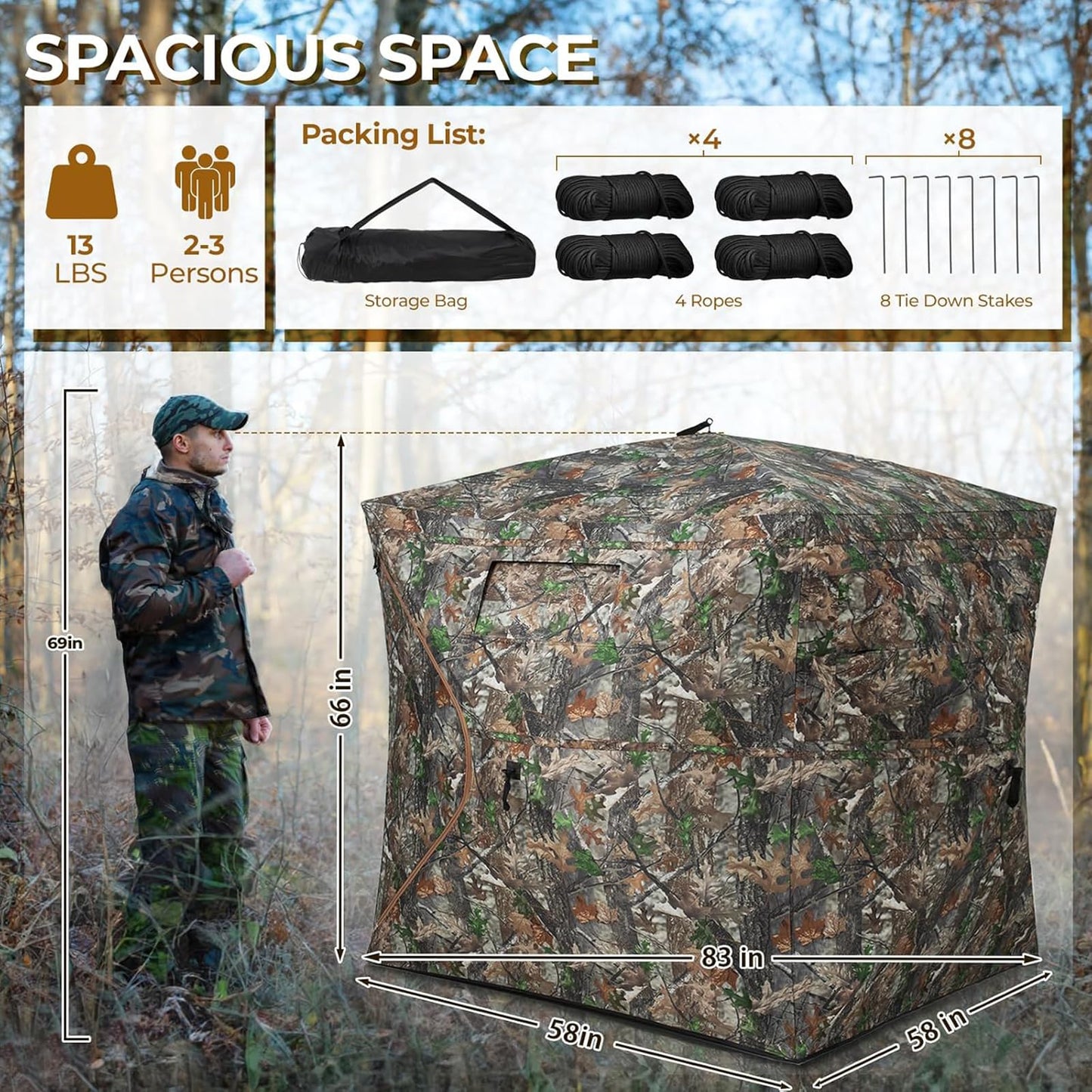 HUNTSEN Hunting Blind 270° See Through 2-3 Person Ground Blind Pop Up Hunting Tent with Carring Bag - Portable Durable for Turkey and Deer Tent