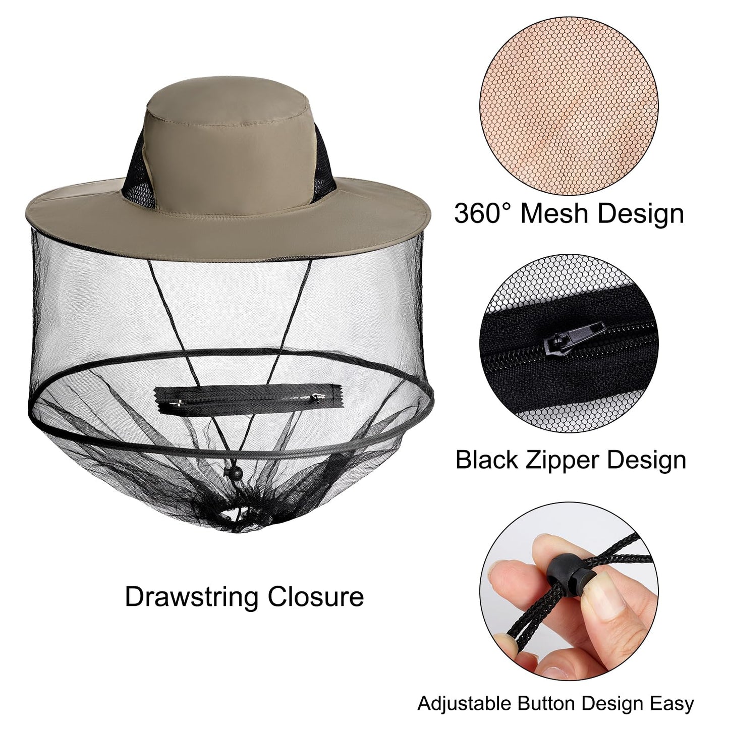 Sucrain 2 Pack Mosquito Head Net Hat Sun Hat Garden Bug Hat with Hidden Net Mesh for Outdoor Gardening (Dark Beige, Dark Grey)