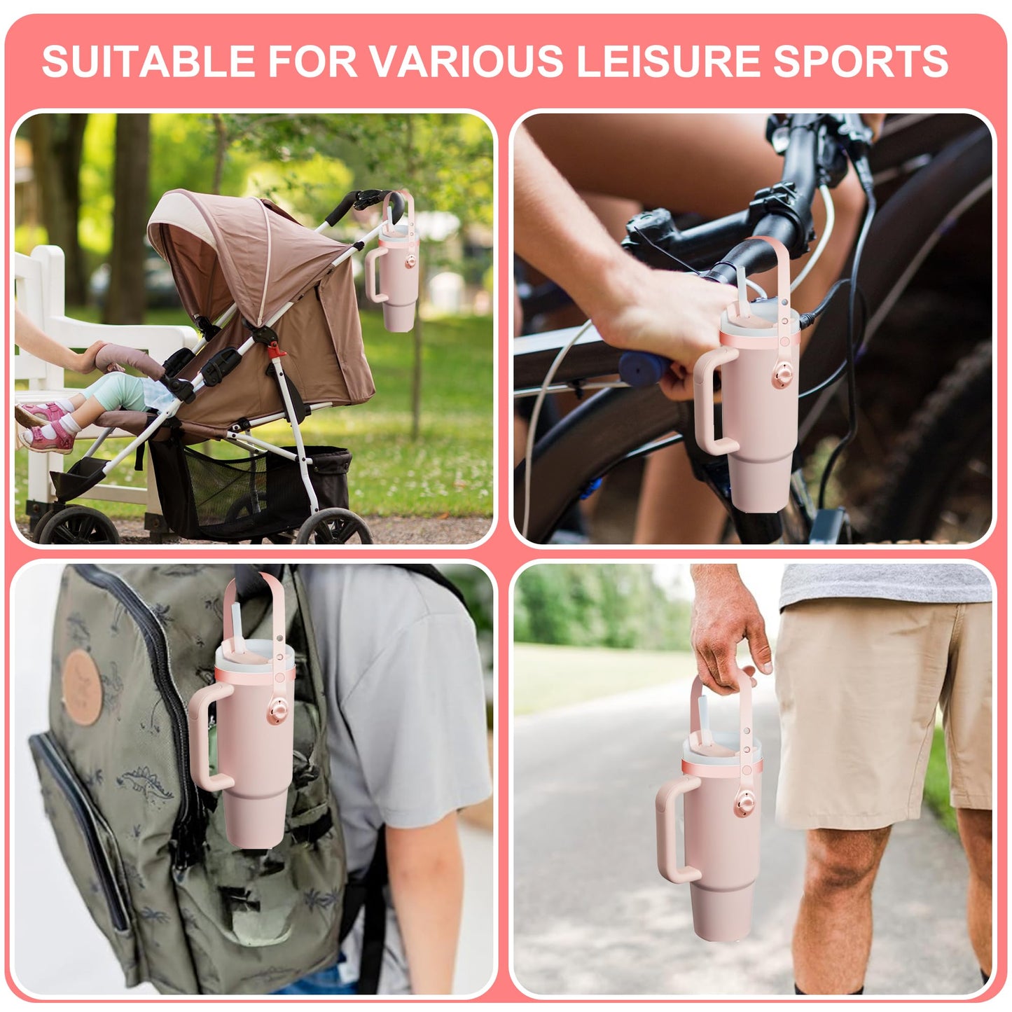 3Pack Water Bottle Handle - Silicone Water Bottle Sling, Carrier, Holder with Strap for Stanley 16-40oz Cup, for Owala FreeSip 24-40oz, Easy to Carry Around for Tumbler Without Handle (Pink)