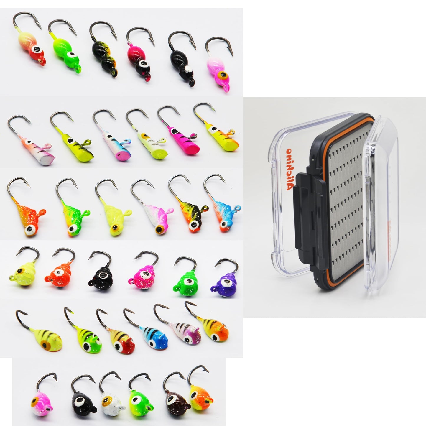 Alichino Ice Fishing Jig Set Ice Fishing Lures for Panfish Crappie, Ice Jig Head Hook Set (Lead ice jig Sets 6 Types 36 pcs with Box)