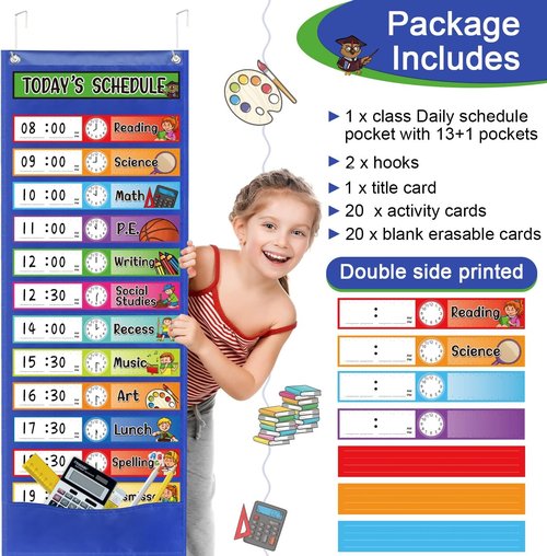 Daily Schedule Pocket Chart Kit,40 Bright Attractive Double-Sided Reusable Erasable Cards,1 Title Card,13+1 Scheduling Pocket Chart with 2 Hangers for Classroom Office Home Preschool Learning (Blue)