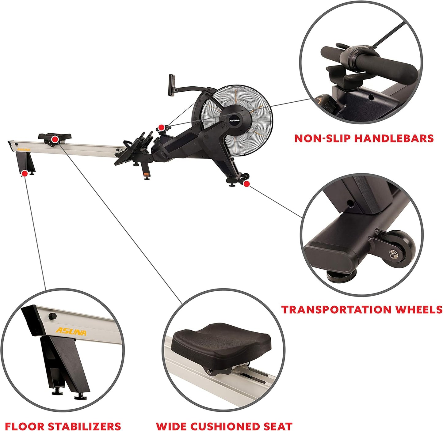 Sunny Health & Fitness Asuna Premium Air + Magnetic Rower Machine w/Extended Aluminium Slide Rail, Cardio Rowing Training Equipment for Home Gym Exercise w/Wide Cushion Seat & Performance Monitor